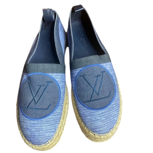 New Louis Vuitton Blue DenimPlatform Espadrilles Flats LV Logo -38.5Minor Flaw